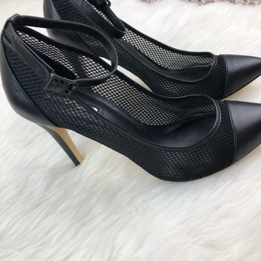 BCBGeneration Black Net Ankle Strap Heels